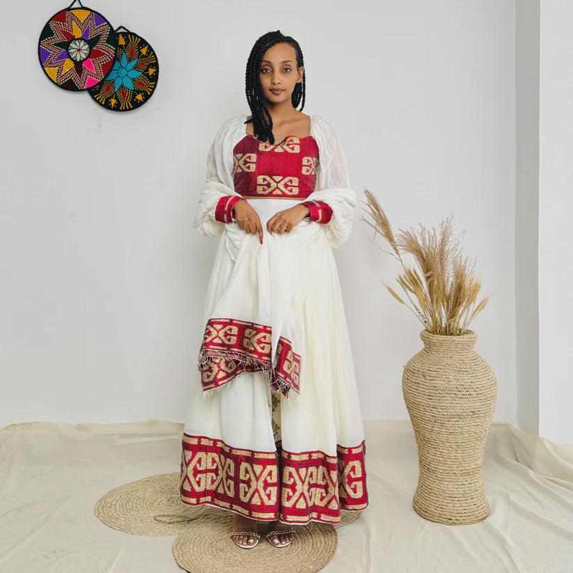 New Red Two-piece Habesha Dress: Modern Ethiopian Zuria Kemis for Women ...