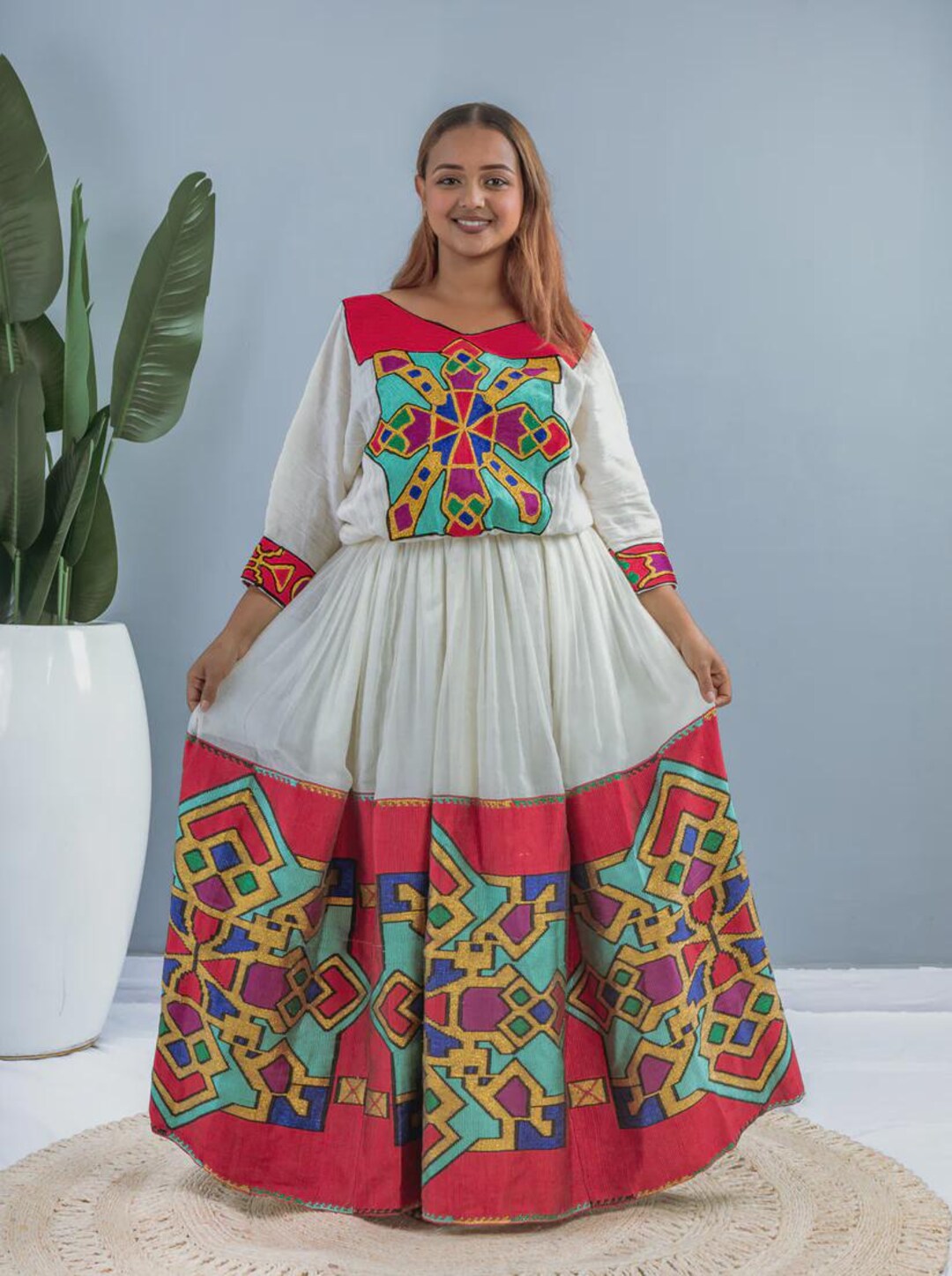 Red Tibeb Ethiopian Dress: Handwoven Cultural Cotton Habesha Kemis ...