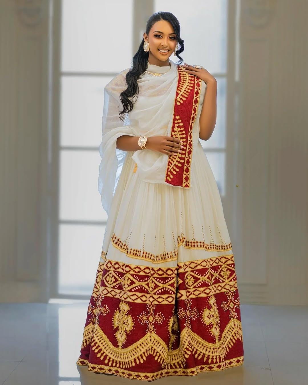 Handwoven Red & Gold Habesha Kemis for Women, New Ethiopian Eritrean ...
