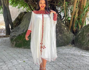 Habesha Dress: Minimalist Ethiopian and  Eritrean Cotton Everyday Wear, Red Tilet Embroidery Kemis