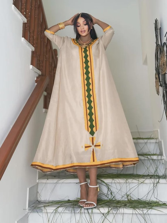 fitted lace wedding dress Orange Embroidery Elegant Habesha Dress,Ethiopian Culture L main image 0