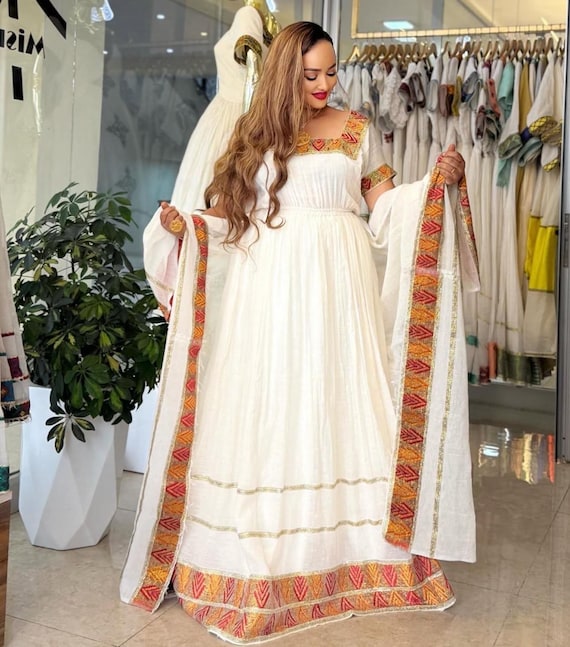 white christmas dresses Glorious Habesha Dress with Golden Embellishment: Traditional Ethiopian Dress for Events Xs
