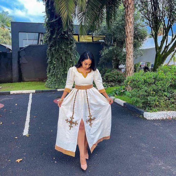 New Habesha Dress: Ethiopian Women's Kemis, Eritrean Traditional Outfit for Women, Buna Kemis