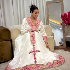 open lace back dress Corset Ethiopian Dress| Pink Habesha KemiS