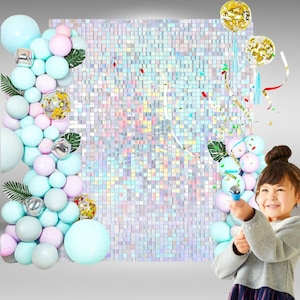 Iridescent Sequin Wall Backdrop: Rainbow Silver Shimmer, Party Photo Booth (12PCS)