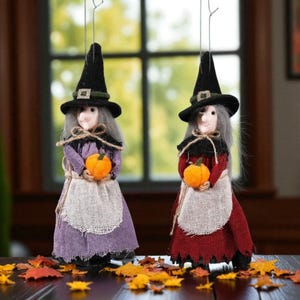 Witch Scarecrow Ornament Set: Handmade Halloween Decor