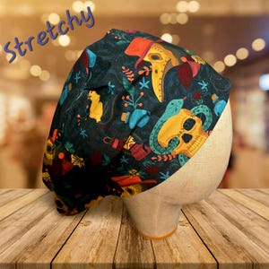 Black plague, cute and sassy scrub hat, stretchy euro pixie scrub cap