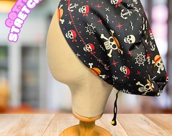 Gorro quirúrgico elástico de punto con estampado de calavera de piratas de anime estilo gótico