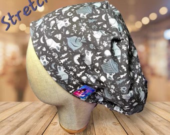 Trash panda hat, raccoons scrub hat, Euro pixie surgical hat/chemo hat, Cotton Stretch Jersey fabric with adjustable elastic and cord lock