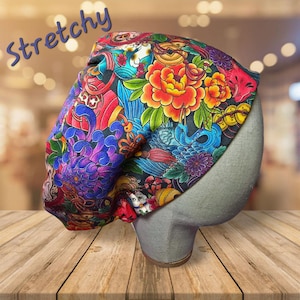 Japanese Tattoo Print Scrub Hat: Stretchy Cotton Euro Pixie Cap