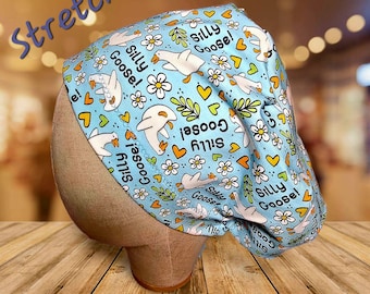 Silly goose, birds, euro pixie scrub hat, adjustable with elastic and cord