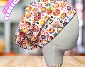 Gorro quirúrgico de punto elástico con estampado de dibujos animados japoneses y comida.