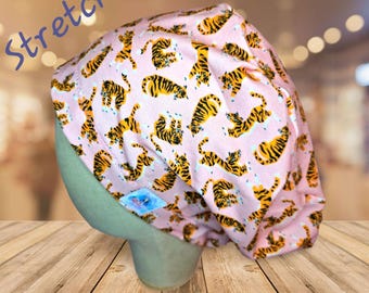 Tigers Print Stretchy Knit Scrub Hat: Euro Pixie Cap
