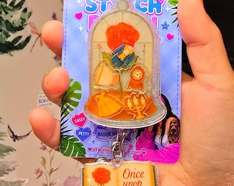 Porta credenciales con agitador de dibujos animados de La Bella y la Princesa (con pinza de cocodrilo o clip de cinturón resistente)