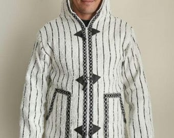 Handmade Moroccan Berber Wool Hooded Jacket - Striped Winter Coat