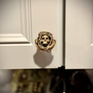 May include: A gold-colored cabinet knob with a skull design. The skull is centered within a rose-like structure, adding a unique decorative element. The knob is mounted on a white cabinet door.