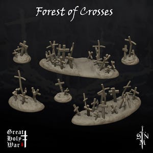 May include: A collection of miniature terrain pieces depicting a graveyard scene. The pieces feature small, weathered wooden crosses set on textured, light-brown bases. The text "Forest of Crosses" is at the top.
