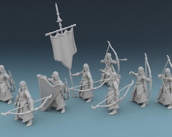Może przedstawiać: Kolekcja miniaturowych figurek fantasy, w tym łucznicy, harfiarz i chorąży. Figurki są w neutralnym kolorze, pozowane na niebieskim tle i prawdopodobnie przeznaczone do gier stołowych lub ekspozycji.