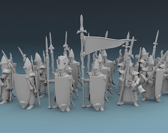 Może przedstawiać: Kolekcja miniaturowych figurek fantasy, prawdopodobnie do gier stołowych. Figurki są w jasnoszarym kolorze, przedstawiają wojowników z włóczniami, tarczami i hełmami. Niektóre figurki trzymają sztandar. Ogólna estetyka sugeruje motyw średniowieczny lub fantasy.