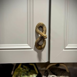 May include: A metallic gold-toned cabinet knob shaped like a coiled snake with a textured, scaly surface. The snake is positioned vertically in an S-shape, with its head facing outward, mounted on a light gray cabinet door with a recessed panel.