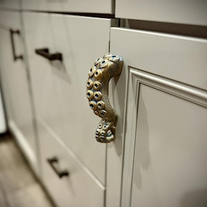 May include: A bronze-colored cabinet pull shaped like an octopus tentacle. The pull features detailed suckers and is mounted on a light gray cabinet door. Other dark bronze pulls are visible on adjacent drawers.