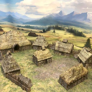 Unpainted - Rural Peasant Village - Dark Age Grass Huts - Country Hamlet Tabletop Terrain