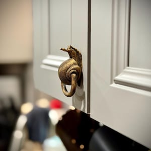 May include: A metallic gold-toned cabinet pull shaped like a snail with a textured shell and a circular ring handle attached to the base. The snail figure is mounted onto a light gray cabinet door, featuring a weathered finish with dark highlights.