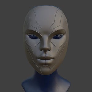 May include: A smooth, matte gray 3D digital model of a human-like face featuring stylized, symmetrical geometric panel lines etched across the forehead, cheeks, and chin, with dark, deep-set eyes and a neutral, closed-mouth expression.