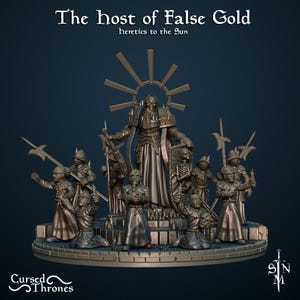May include: A bronze-colored miniature sculpture depicting a group of figures, including a central, imposing figure with a halo, surrounded by smaller figures in robes. The text "The host of False Gold" and "heretics to the Sun" is at the top.