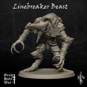 May include: A gray Linebreaker Beast miniature figure. The figure has a horned head, clawed hands and feet, and is wearing armor. The figure is standing on a round base. The text "Linebreaker Beast" is above the figure.