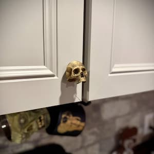 May include: A cabinet door with a skull-shaped knob. The knob is a light tan color with dark eye sockets and a nose cavity. The cabinet door is white. Below the cabinet door is a black object with a skull design.