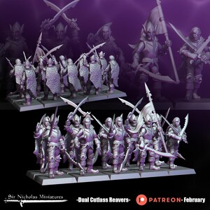 May include: Miniature figures of fantasy warriors in armor, holding swords and shields. The figures are in a purple hue, with some carrying flags. The text "Sir Nicholas Miniatures" and "-Dual Cutlass Reavers- PATREON-February" are visible.