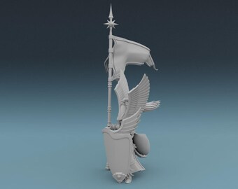 Może przedstawiać: 3D renderowany, jasnoszary banner fantasy z lancą zwieńczoną gwiazdą, postrzępioną flagą i tarczą. Banner przedstawia uskrzydloną postać na tle gradientowego niebieskiego tła.