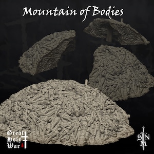 May include: A collection of miniature terrain pieces, depicting a "Mountain of Bodies" in a neutral color. The pieces are intricately detailed, showing a mass of figures. The text "Mountain of Bodies" is at the top, with additional text at the bottom.