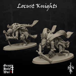 May include: Two detailed, gray Locust Knights figurines in dynamic poses, each holding a sword. They are wearing armor and crowns, with flowing capes. The text "Locust Knights" is above them. The logo "Great Holy War" is at the bottom left.
