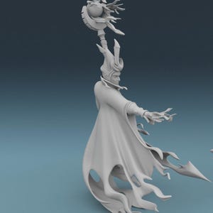 May include: A 3D-printed figurine of a wizard in a flowing robe, holding a staff with a spherical top and flame-like accents. The wizard has a detailed face and a tall, pointed hat. The figurine is a light gray color.