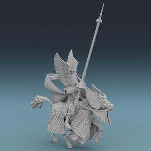 May include: A detailed, monochromatic sculpture of a warrior riding a horse. The warrior is holding a spear and the horse has decorative wings. The sculpture is set against a blue background.