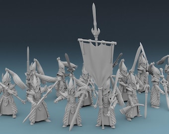 Może przedstawiać: Grupa jasnoszarych figurek fantasy, prawdopodobnie do gier stołowych. Figurki są humanoidalne, z mieczami, zbrojami i wyszukanymi nakryciami głowy. Jedna figurka trzyma transparent. Tło jest jednolite, stonowane niebieskie.