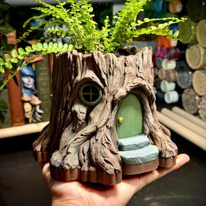 May include: A brown tree stump planter with a textured bark finish, featuring a small green arched door with a gold knob, a circular window, and two stone-like steps at the base. A vibrant green fern plant grows out of the top of the hollow stump.