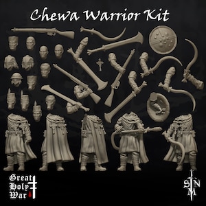 May include: A collection of unpainted miniature figures and accessories for a tabletop game. The set includes various heads, weapons, shields, and cloaked figures. The text "Chewa Warrior Kit" is at the top. The logo "Great Holy War" is at the bottom.