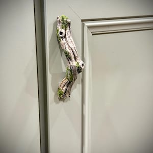 May include: A cabinet handle shaped like a textured, light-colored tree branch with realistic bark details and patches of vibrant green moss attached to the surface, mounted vertically on a smooth, light gray cabinet door panel.