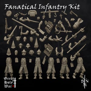 May include: A collection of unpainted miniature figurines and accessories for a tabletop game. The set includes various weapons, armor, and character components, such as guns, axes, shields, and helmets. The text "Fanatical Infantry Kit" is at the top.