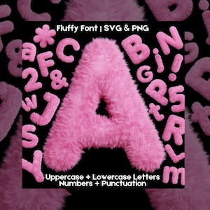 Pelz Buchstaben, Zahlen und Satzzeichen SVG PNG, 3D rosa flauschige Schrift, rosa pelziges Alphabet, Kunstpelz Schrift, gemütliche Buchstaben, flauschiges Alphabet Clipart