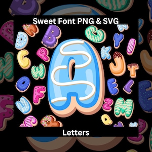 Letras de galletas SVG PNG, fuente de dulces, números de donuts, alfabeto dulce, letras prediseñadas coloridas, descarga instantánea, fuente de comida, arte de dulces