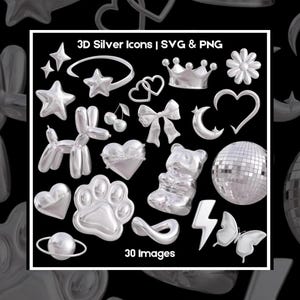 May include: A set of 30 silver 3D icons, including a crown, a heart, a star, a paw print, a lightning bolt, a butterfly, a moon, a cherry, a bow, a balloon dog, a disco ball, a headband, and a gummy bear. The icons are rendered in a 3D style and have a shiny silver finish.