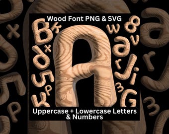 May include: A wood font alphabet with uppercase and lowercase letters and numbers. The letters are made of wood with a natural grain pattern. The font is available in PNG and SVG formats.
