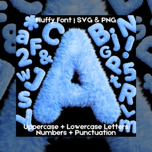 Letras, números y puntuación de piel SVG PNG, fuente azul esponjosa 3D, alfabeto peludo azul bebé, fuente de piel sintética, clipart del alfabeto con letras acogedoras