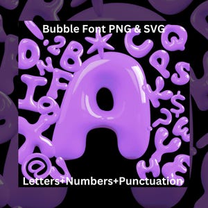 Bubble paarse letters en cijfers, interpunctie SVG PNG, 3D sprankelend alfabet, ballonletters, Rose Bubbly alfabet, grof lettertype A002