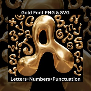 Gouden letters, cijfers en interpunctie SVG PNG, metalen alfabet, smeltende letters, golvend holografisch alfabet, metalen lettertype, 3D gouden lettertype