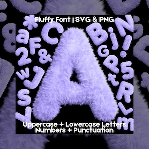Letras, números y puntuación de piel SVG PNG, fuente 3D morada y esponjosa, alfabeto peludo lila, fuente de piel sintética, clipart del alfabeto con letras acogedoras